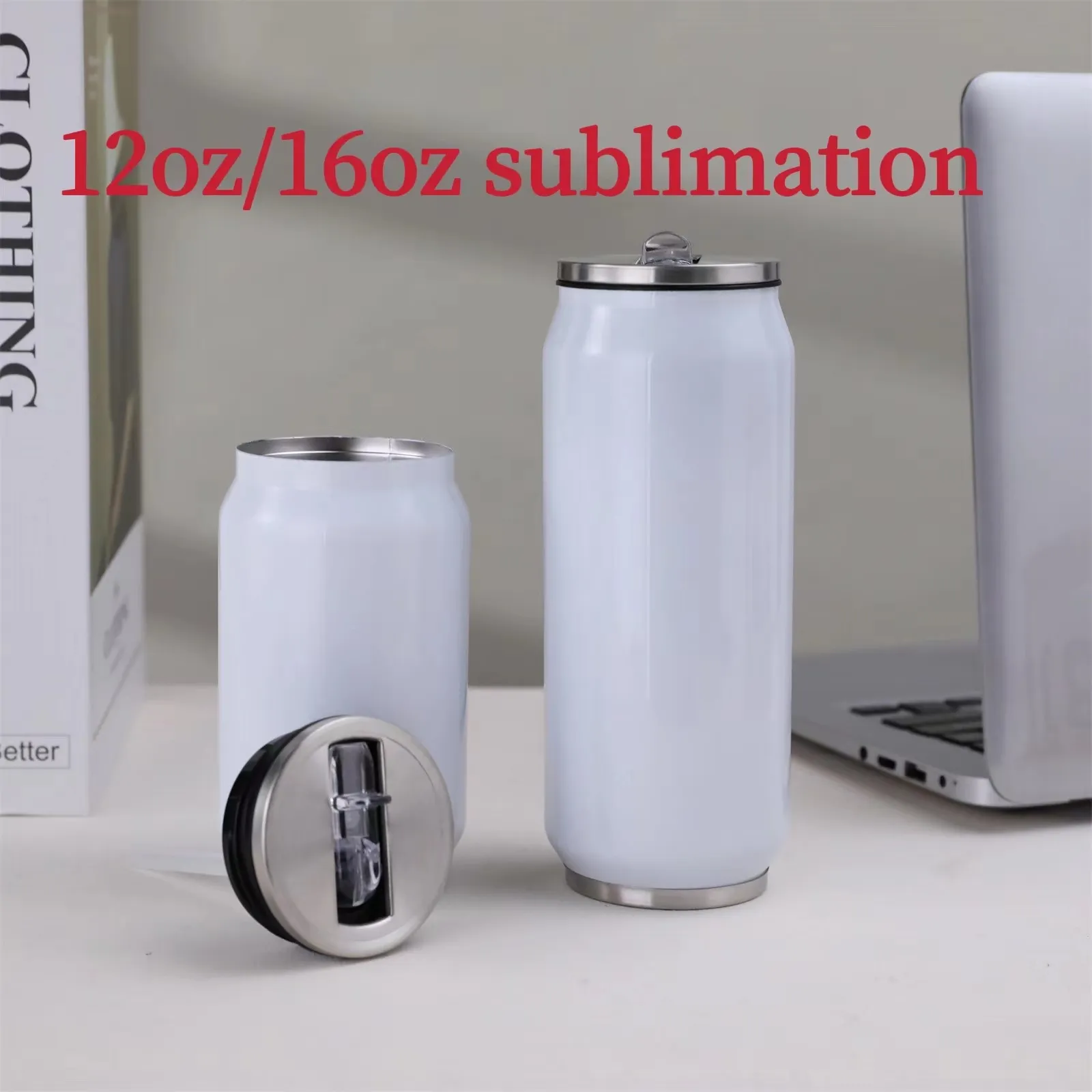 12/16oz Cola Can Sublimation tumbler Bouteille d'eau isolée DIY Impression par transfert de chaleur Tasses à soda à double paroi avec couvercle et paille