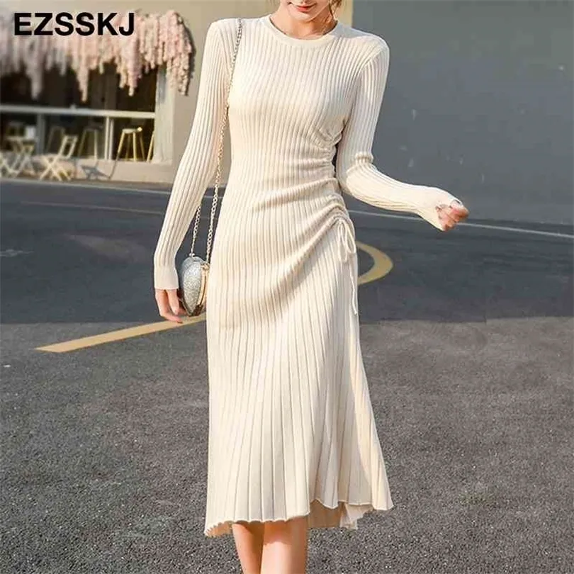 Autumn Winter Aline Sweater Drawtring Women Slim Midi vrouwelijk chic gebreide elegante jurk 210401