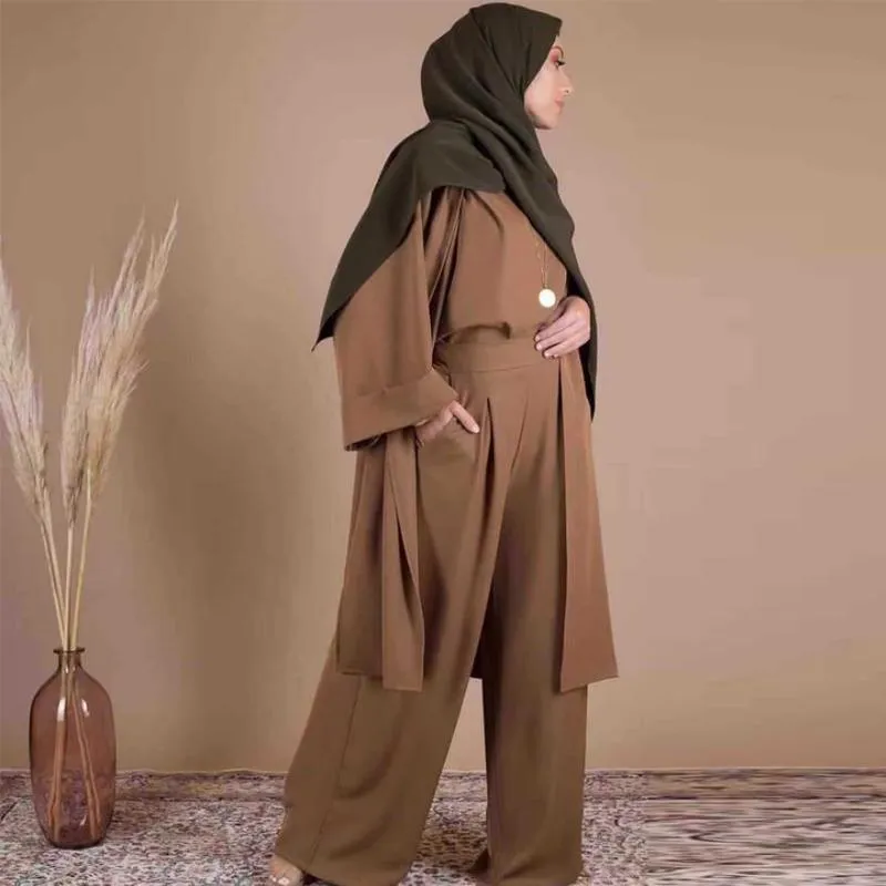 Drie stukken Moslim Abaya Turkse Kimono Tops Broek Moslim Jurk Hijab Gewaad Dubai Caftan Kaftan Islam Kleding Past wq2595w