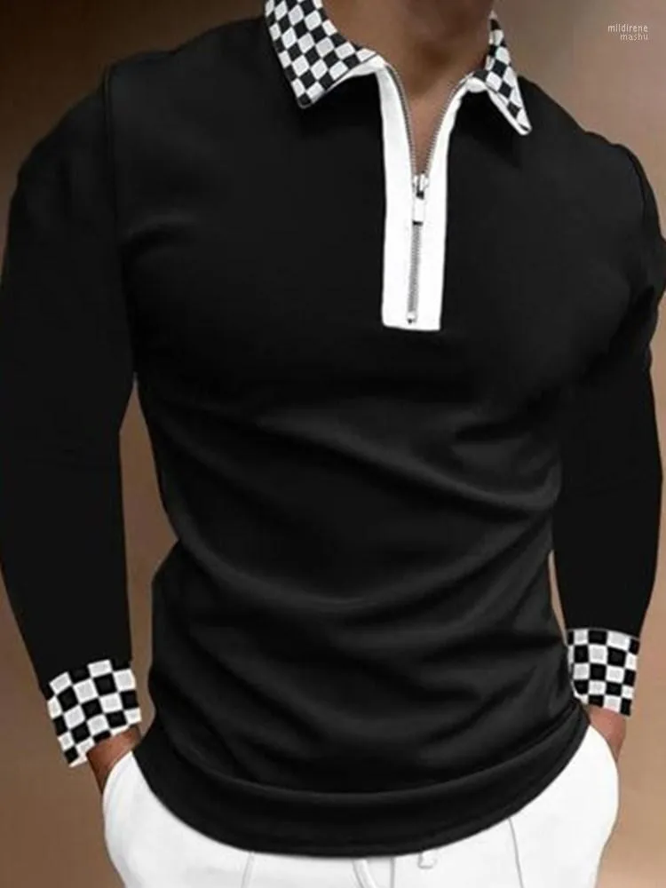 Polos masculinos outono de streetwear masculino Moda de manga longa Camisas de colarinho Ponto de onda Casual solto zíper tops lazer P Mild22