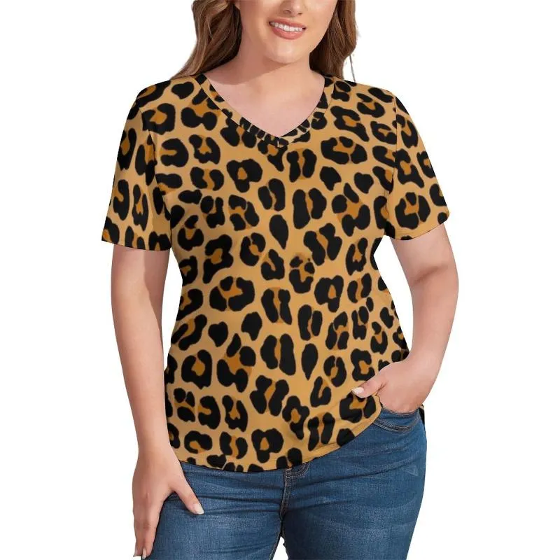 Kvinnors plus-storlek t-shirt djurtryck t-shirt gul leopard trendig v hals t-shirts korta ärm gata stil tee sommar topps 2xl 3xlwomen '
