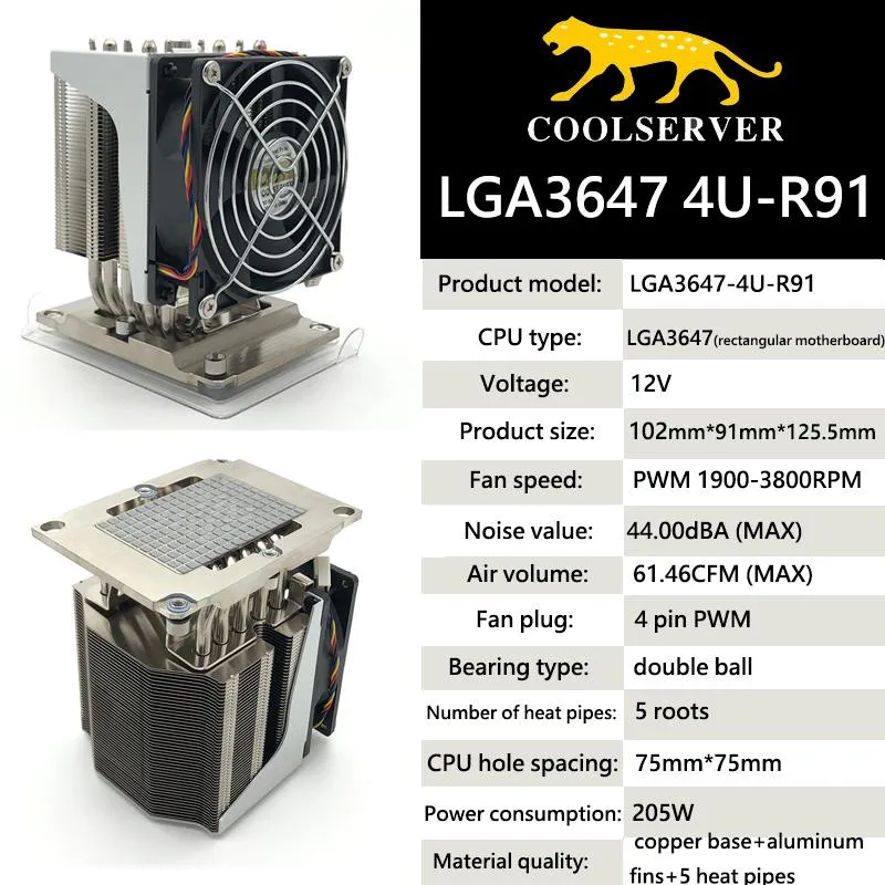 Fans kylningar R91 för LGA3647 Rektangulärt moderkort CPU-serverkylare 5 Heatpipes Tower Active Cooling Air-Cooled Radiatorfans Fansfans