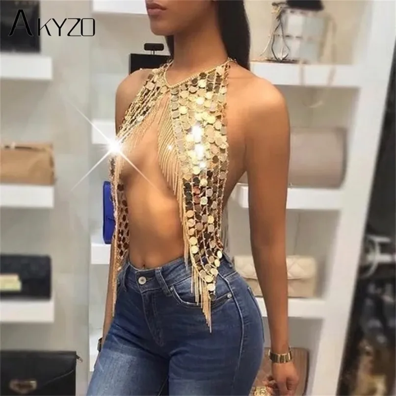 Festival Bling Plastic Sequined Crop Tops Women Sexy Metal Chain Tassel Nightclub Dance Wear Party Burning Outfits Tank Top 220325