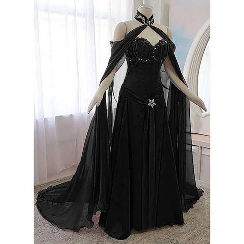 Vintage Medieval Corset Prom Dresses With Long Wrap Sweetheart Black A Line Renaissance Victorian Gothic Evening Dress Special Ocn Party Gown For Women