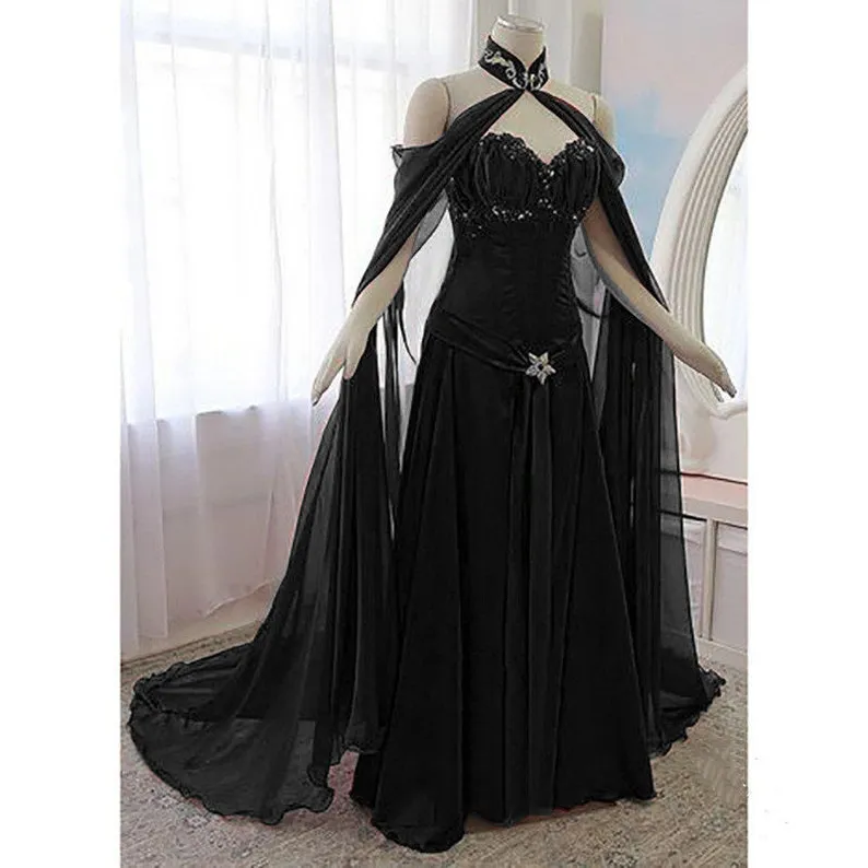 Vintage Médiéval Corset Prom Robes avec long wrap sweetheart noir A Line Renaissance victorien Gothic Night Robe Special Ocn Party Party Robe pour femmes