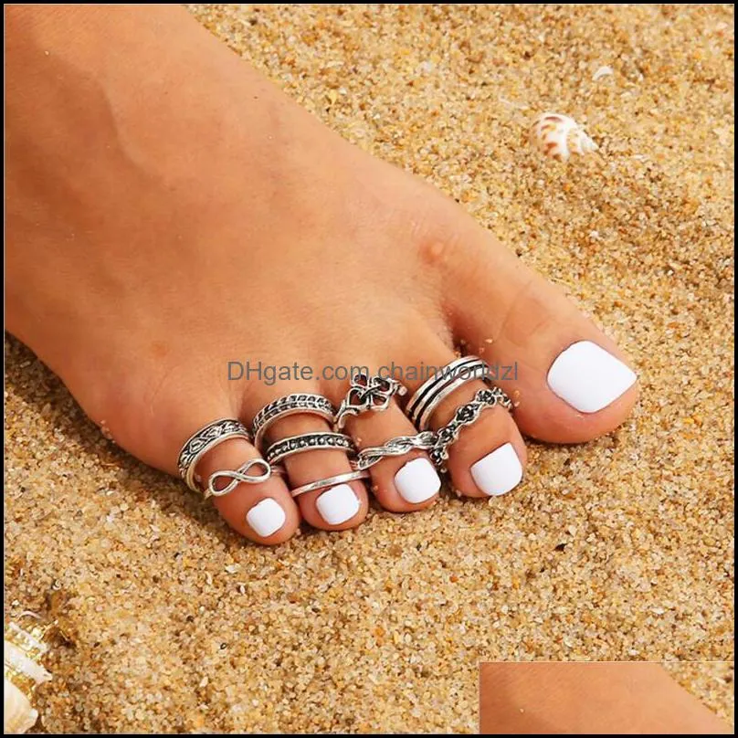 9PCS Tail Foot Finger Ring Gifts Adjustable Open Carved Toe Rings Set for Women Girl Summer Beach Vacation Kunuckle Jewelry