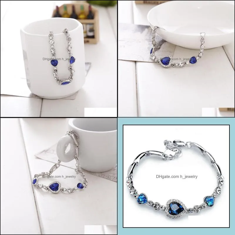 ocean blue bracelets sliver plated crystal rhinestone heart charm bracelet bangle gift jewelry charm bracelets hjewelry