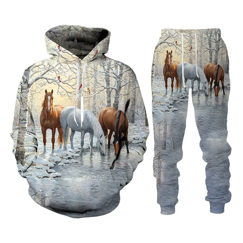 Herentracksuits Dier Horse 3D Print Hoodie Broek Set Unisex Lange Mouwen Heren Trainingspak Pullover Hooded Sweatshirts Casual Kledingkleding