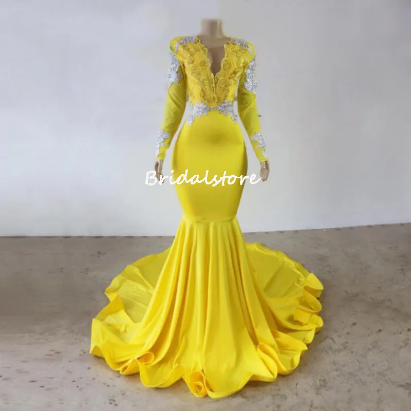 Aso Ebi Mermaid Yellow Prom Dress 2022 Sexy V Neck Long Sleeve Evening
