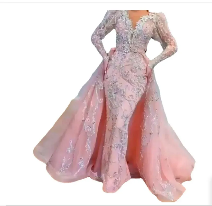 Vestidos De Noche De sirena rosa, vestido De fiesta para mujer, vestidos De fiesta De plumas con cuentas De encaje completo, bata De manga larga con cuello alto