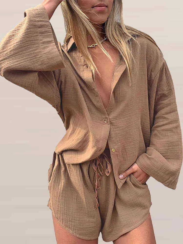 Autumn Casual Loose Sports Suit 2022 Women Piece Fashion Solid Lapel Single Breasted Shirt Shorts New Spring Lady Suit T220729