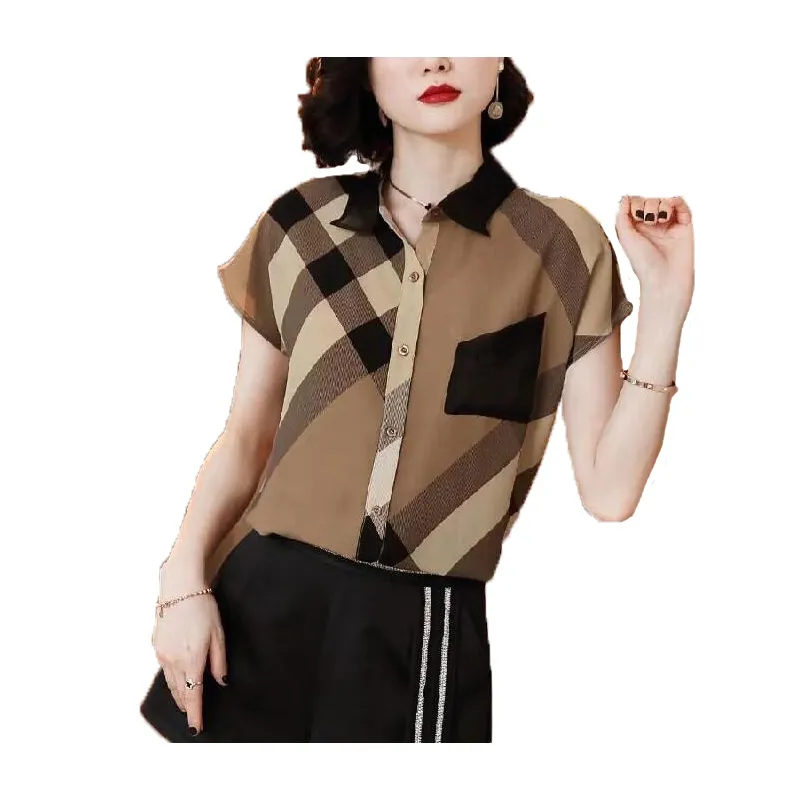 Nowa damska koszula na co dzień Vintage Plaid Khaki Temperament wysokiej jakości satynowa koszula z krótkim rękawem projektant kobiet jedwabne Polo letnie koszulki rozmiar S-XXL