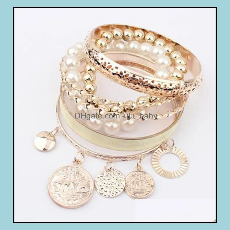 pearl charms bracelets for women pearl coins element statement charm multilayer bangle bracelets