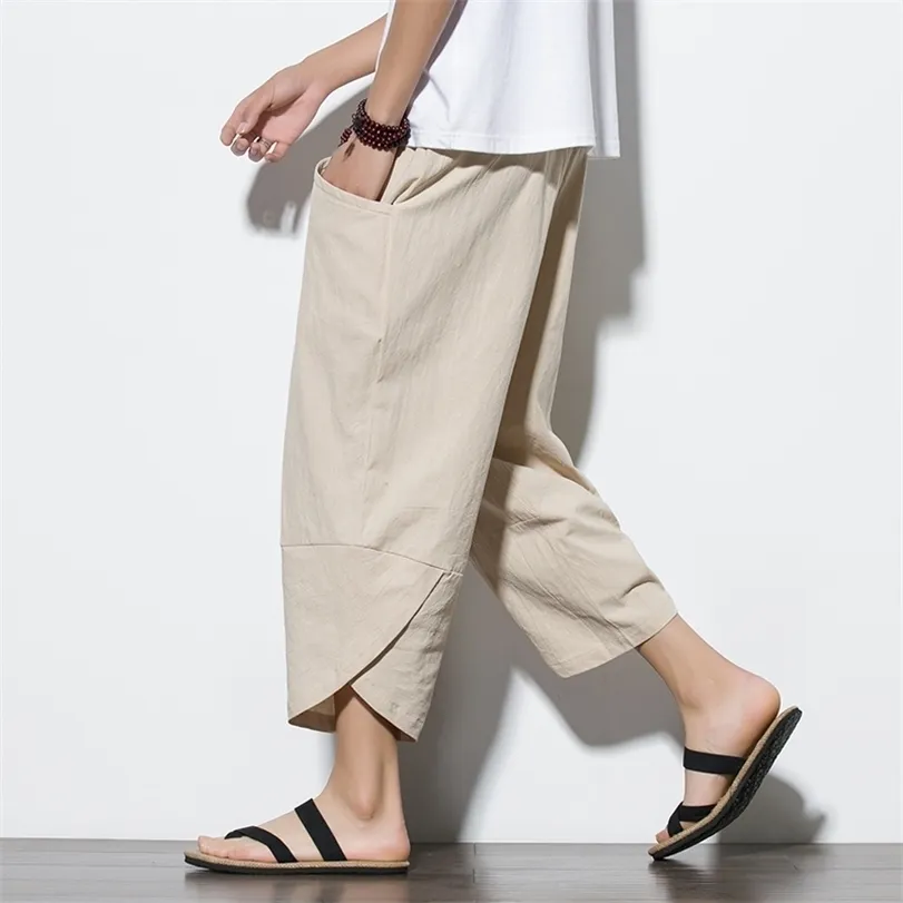 Män kinesisk stil bomull linne harem kort byxor män retro streetwear strand shorts manlig casual kalv - längdbyxor 220330