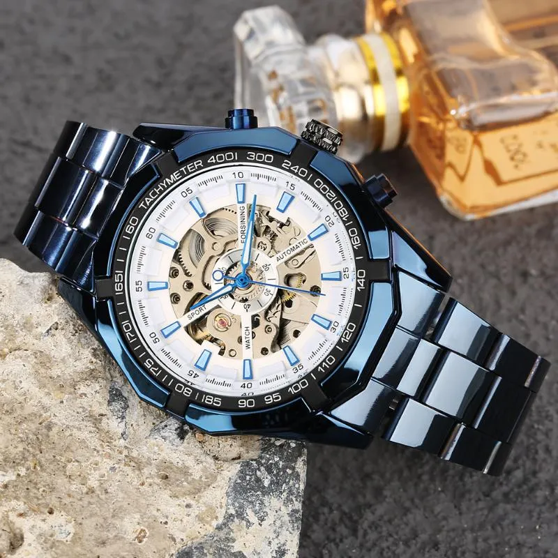 손목 시계 블루 남성 기계식 시계 간단한 흰색 다이얼 시계 자동 자체 와인딩 손목 시계를위한 스틸 스트랩 안전 안전 접이식 부두