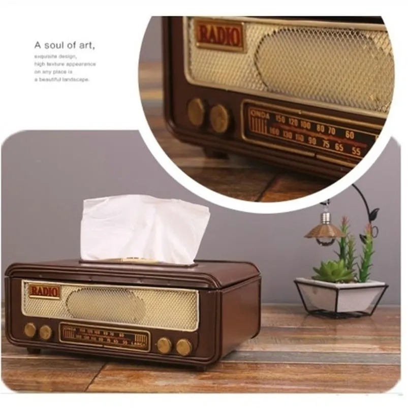 Caja de pañuelos Caja de almacenamiento de servilletas Estilo americano Retro Forma de radio Caja de pañuelos Contenedor Titular de pañuelos Decoración de la cafetería del hogar 210326