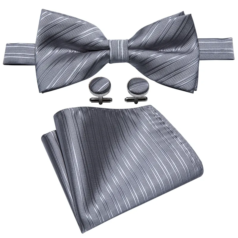 Mens light grey bow tie simple fashion designset handkerchief cufflinks luxury wedding business party LH-810 W220323