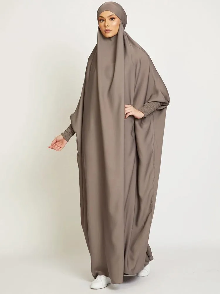 Odzież etniczna muzułmanki Jilbab jednoczęściowa sukienka modlitewna z kapturem Abaya marszczący rękaw islamski dubaj saudyjski czarna szata turecka skromność