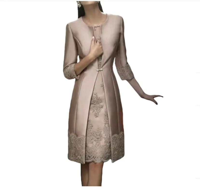 Koronkowa matka panny młodej sukienki Długość kolan 2 -częściowa z kurtką sukienkę matki Wysokiej jakości przyjęcie weselne Suknia Druhny PROM Formalne sukienki Robe de Soiree