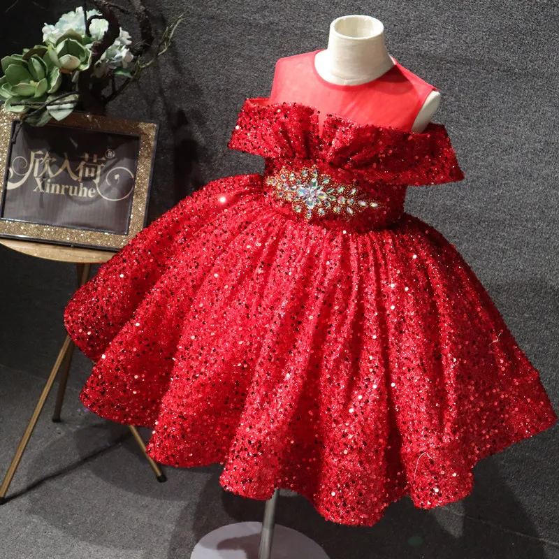 2022 Luxury Sequin Girls Pageant Dresses Silver Bling Fluffy Off The Shoulder Ruched Red Flower Girl Dresses Ball Gowns Party Dresses for Girls