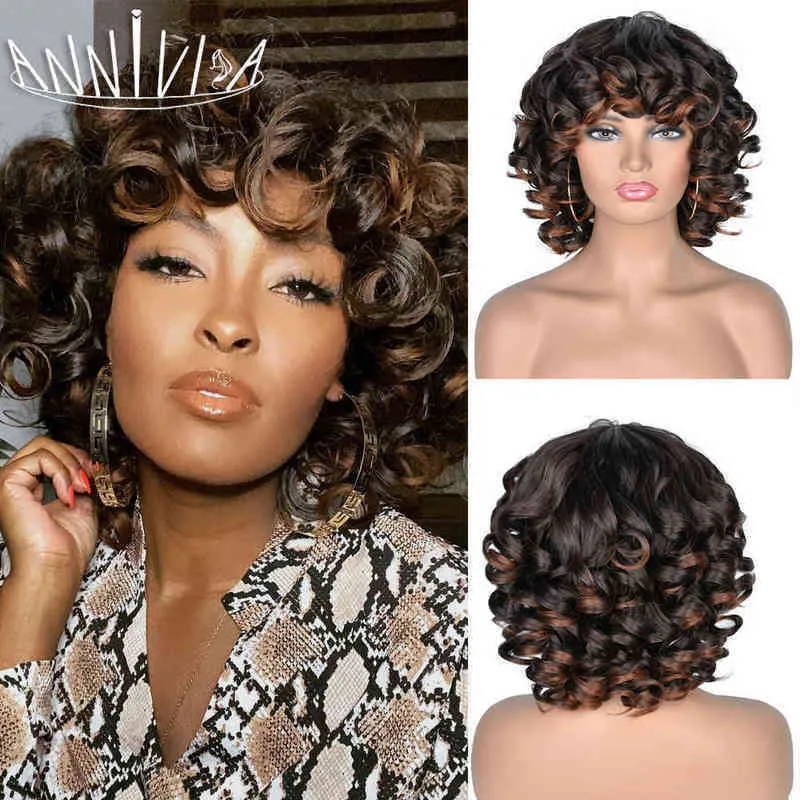 Haar synthetische pruiken cosplay kort haar afro kinky krullende pruiken pony voor zwarte vrouwen synthetische Afrikaanse ombre gluueless cosplay hoge temperatuur 220225