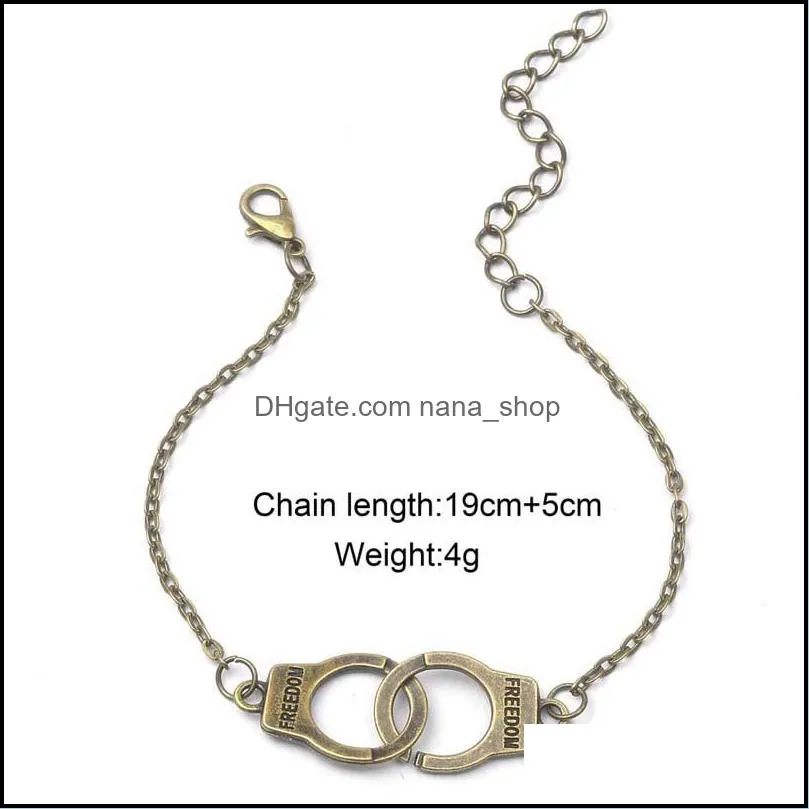 Vintage Silver Gold Color Handcuffs Bracelets For Men Women Freedom Letter Charm Chain Bracelet Bangles Couple Lover Fashion Jewelry