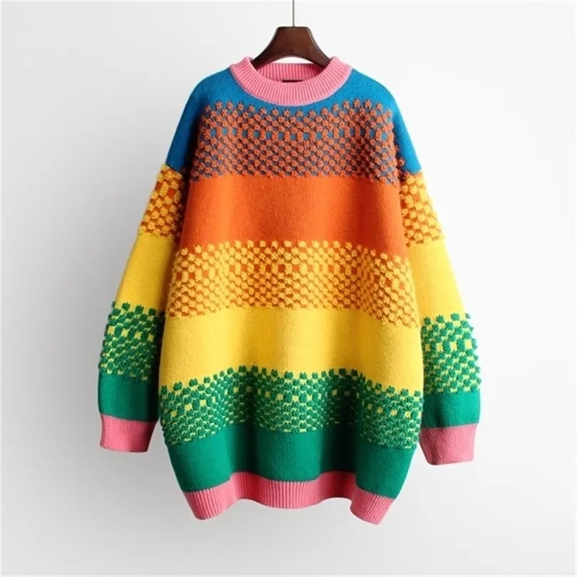 HSA pull femme nouveaute Women Warm Rainbow Maglione e pullover Coloful Maglieria a righe Maglioni lunghi oversize Pull 201209