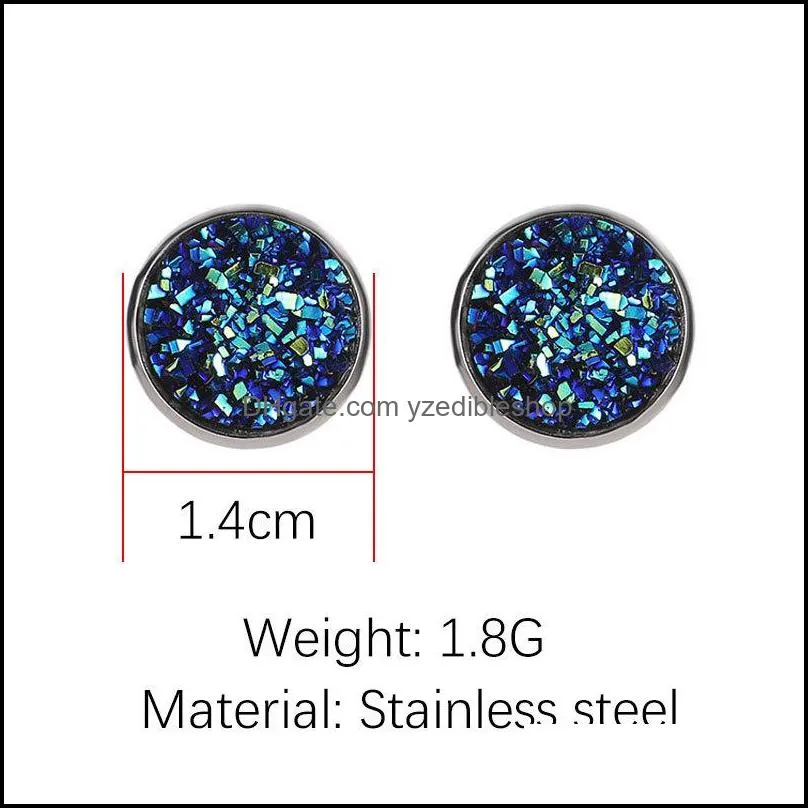 14MM Minimalist Circle Druzy stone Stud Earrings For women shining Resin stainless steel Hypoallergenic Earring Fashion Jewelry in