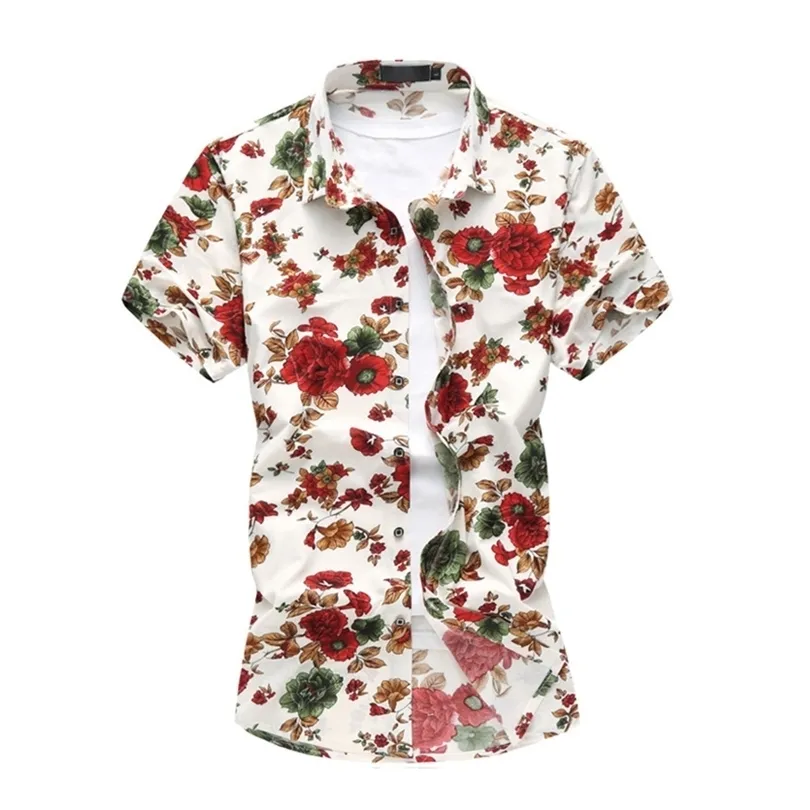 Nowe letnie męskie koszule z krótkim rękawem hawajskie koszule bawełniane swobodne koszule kwiatowe plus size 3xl 4xl 5xl 6xl męskie ubrania 210412