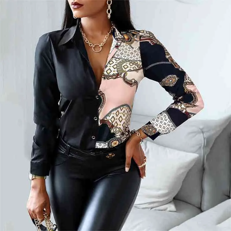 Women Fashion Shirt Lady Long Sleeve Blouse Turndown CollarButton Design Print Casual Shirts 210401