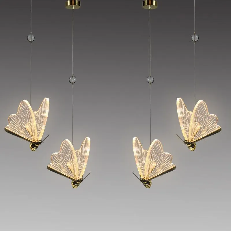 Pendants lampes modernes créatives tout cuivre acrylique papillon concepteur de lustre el restaurant comptoir des escaliers