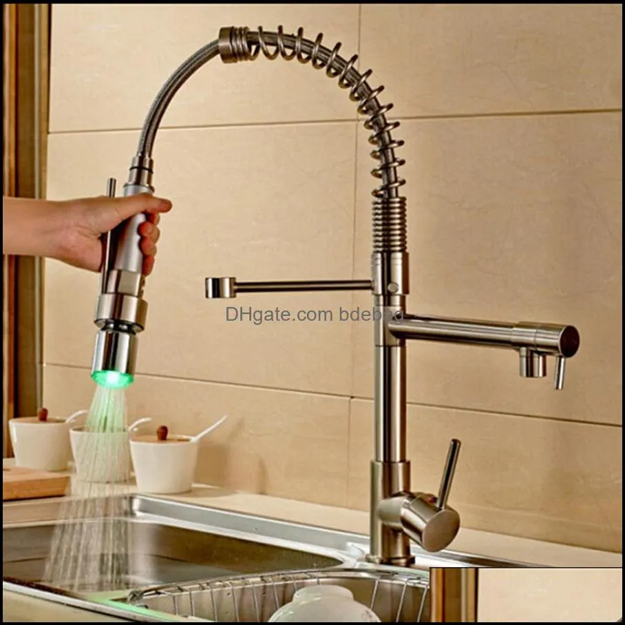Wholesale And Retail Brushed Nickel Kitchen Faucet Swivel Spouts Led Sprayer Deck Mounted Vessel Sink Mixer Tap Drop Delivery 2021 Faucets F