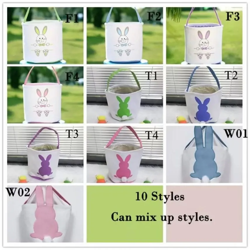 DHL Easter Egg Storage Basket Canvas Bunny Ear Bucket Creative Easter Gift Bag With Rabbit Tail Decoration 8 Styles