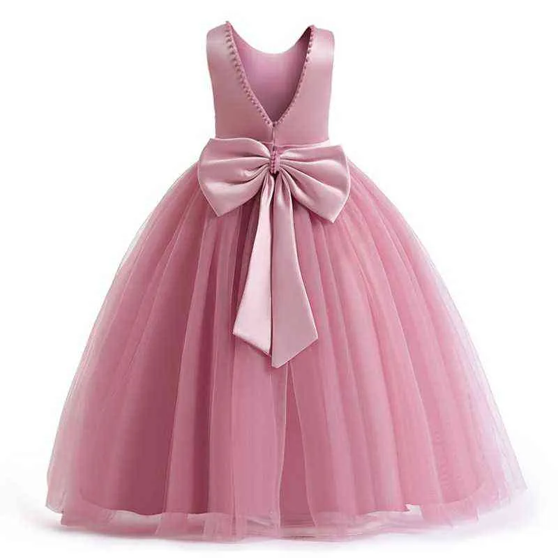 Vestidos de garotas em v-back para casamento e festa pérolas dama de honra Crianças vestidos de bowknot adolescente princesa noturna concurso de baile g220428