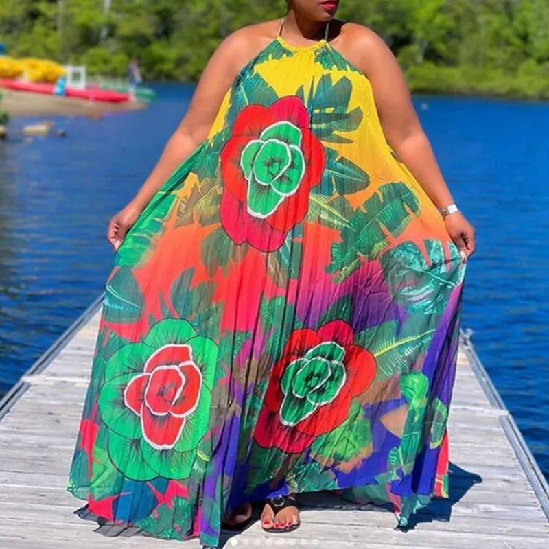 Kleider in Übergröße, Sommerkleid, Urlaub, Hawaii, Neckholder, lang, Maxi, mit Blumenmuster, Boho, 2022, plissiert, afrikanisch, lässig, locker, Robe, VestiodPlus