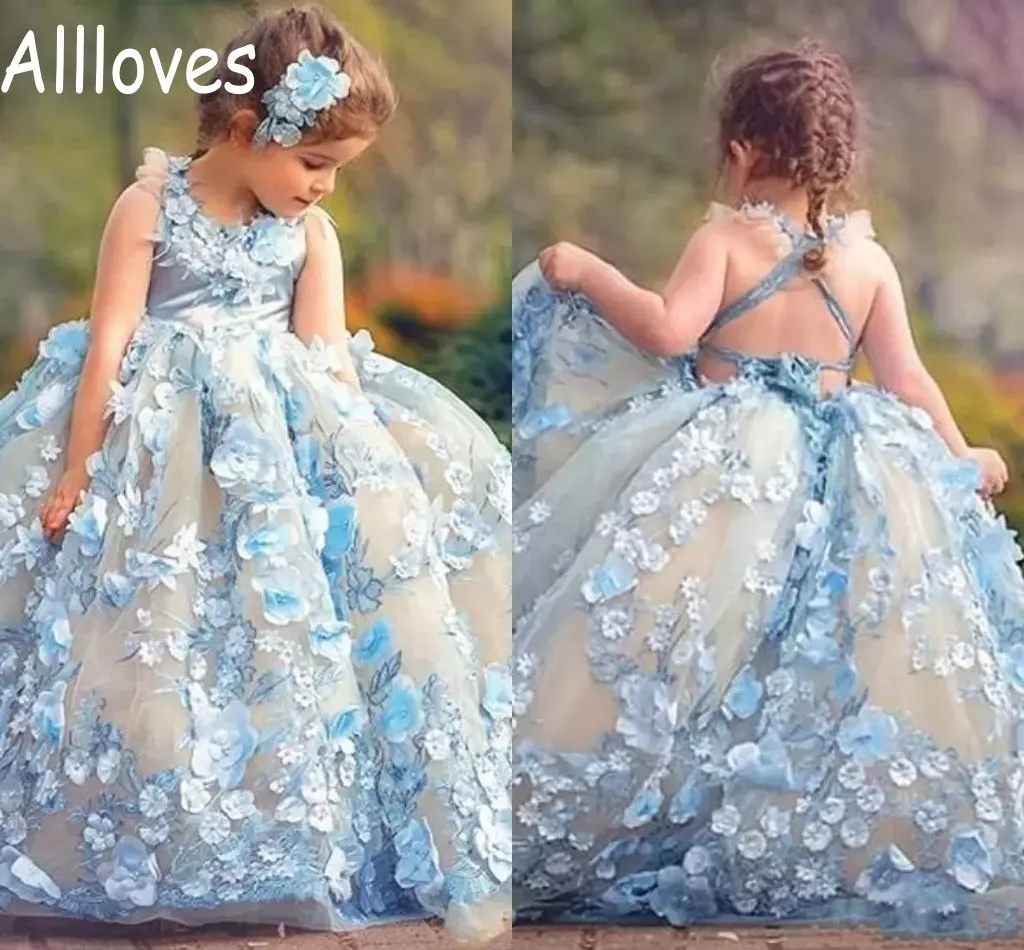 Fabulous Light Sky Blue Little Girl's Pageant Jurken Juweel Hals Mouwloze Pluizige Meisjes Formele Jurken Fee 3D Floral Kant Applicaties Bloem Meisje Jurken CL0197