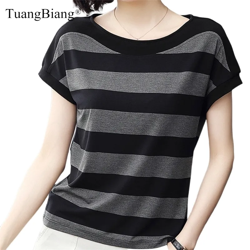 コットンブラックストライプの女性夏の緩いTシャツの女性のプラスサイズの半袖カジュアルOネックモードTシャツレディースソフトトップ220321