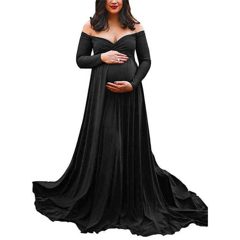 Elegant Maternity Photo Shoot Dress Long Sleeve Maxi Gown for - Main Image