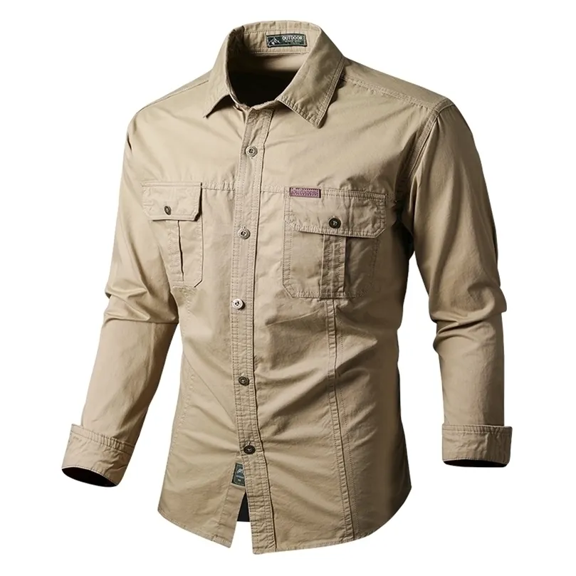 Mens Cotton Military Shirts Men Long Sleeve Casual Dress Male Cargo Work Working Solid Color 220401