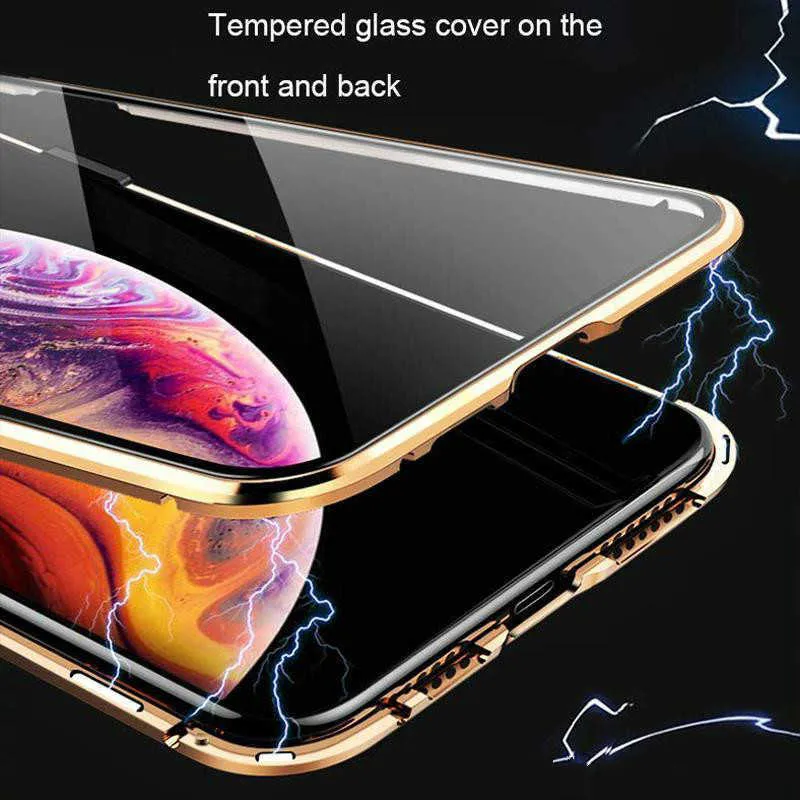 Ultra Slim Magnetic Adsorption Case Metal Frame Front and Back Tempered Glass Full Body Protective Case for Iphone XS Max XR 8 7