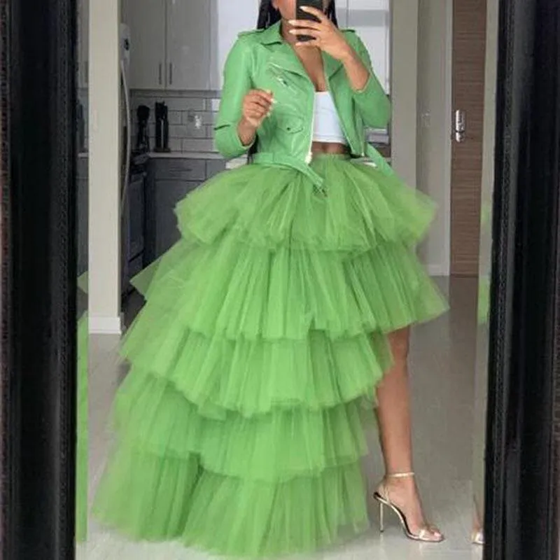 Etekler 2022 Bahar Çim Yeşil Ruffles Katmanlı Yüksek Düşük Tül Moda Kadınlar Elastik Custom Made Uzun Kabarık Resmi Vestidos