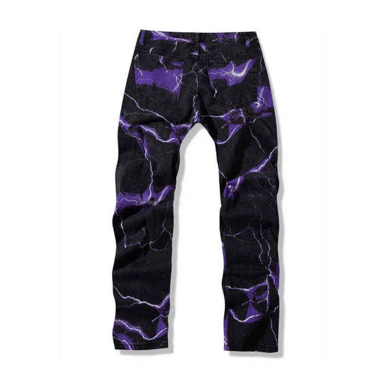 2021 Vibe Style Lightning Print Dye Mężczyzny proste dżinsy Y2K Spodnie Hip Hop Vintage HARAJUKU Kobiety dżinsowe spodnie ropa hombre h22249w