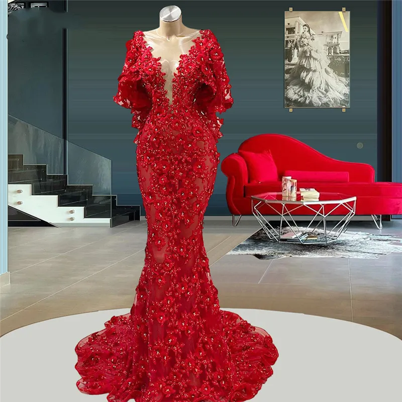 Abiti da ballo a sirena di lusso rossi Abiti sexy con scollo a V profondo Maniche lunghe Paillettes Appliques Perline Fiore 3D cavo Lunghezza pavimento Plus Size Abiti da festa formali Custom Made