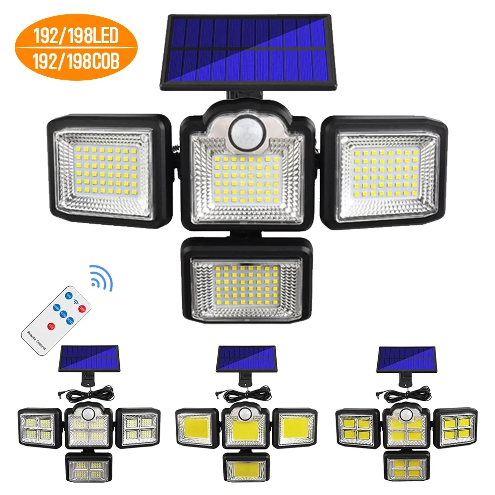 LED Solar Lights 192 198 COB Outdoor -Bewegungssensor 4 Köpfe 3 Modi Gartenwand Lampe IP67 wasserdichte Landschaftssicherheitsbeleuchtung