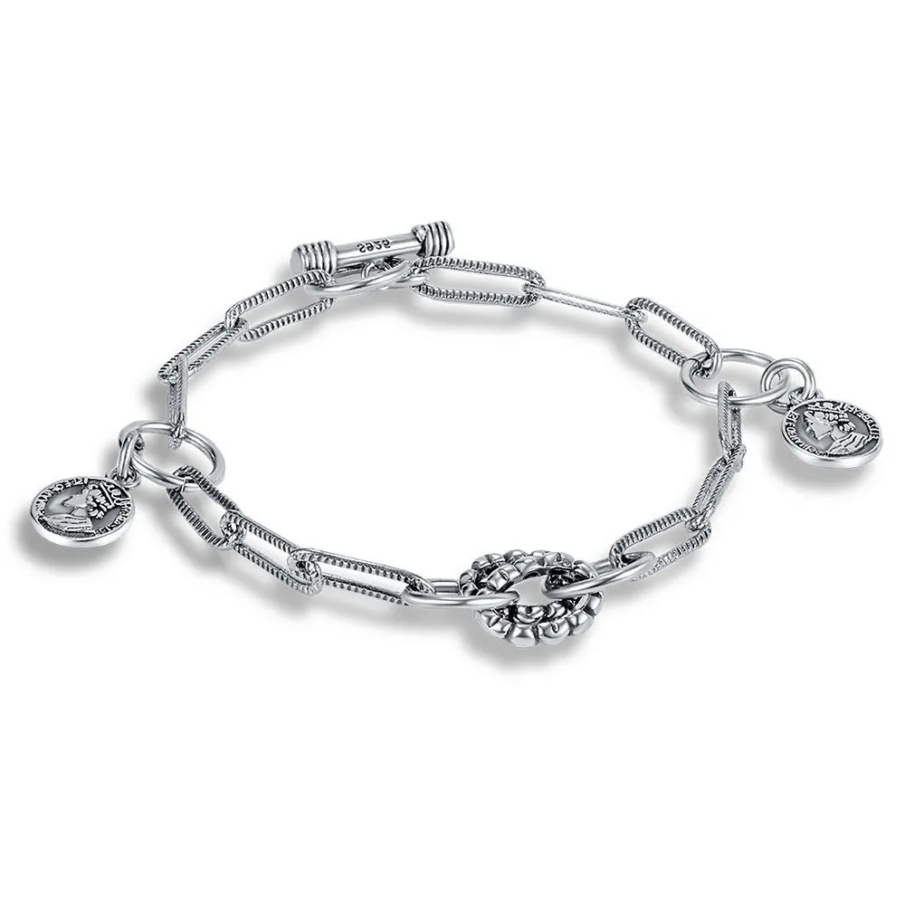 Стерлингового серебра 925 ретро шаблон браслеты женские моды панк браслет металлическая цепь черных винтажных ювелирных изделий аксессуары