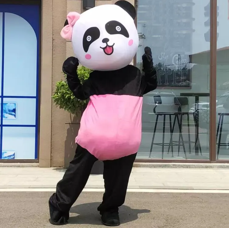 Costume da mascotte panda con fiocco rosa per adulti, vestito operato da Halloween, personaggio dei cartoni animati, carnevale, Natale, Pasqua, pubblicità, festa di compleanno