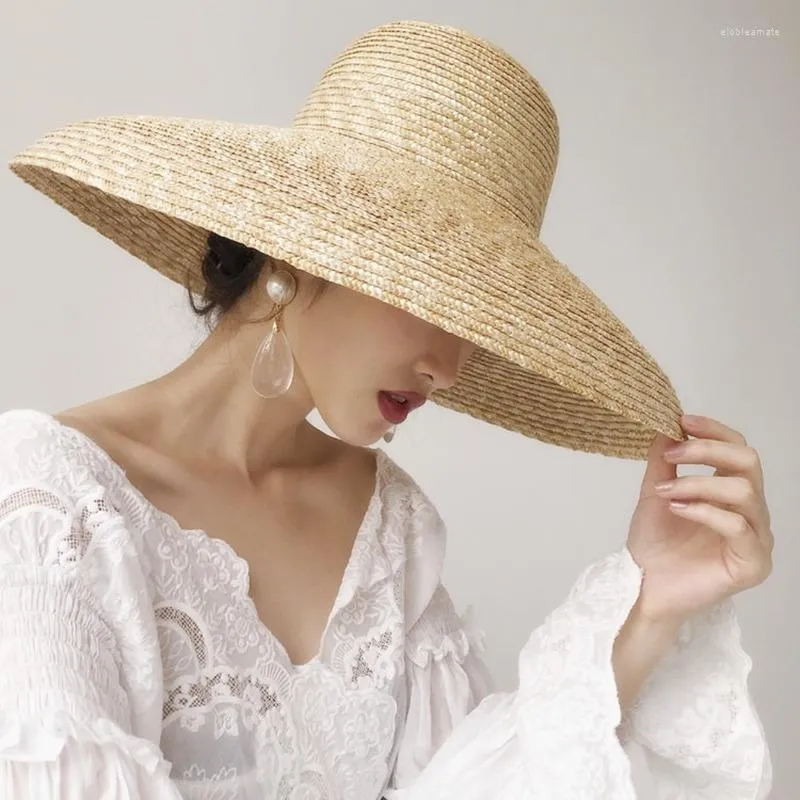 Chapeaux à large bord pur à la main tissage naturel chapeau de paille pour les femmes été grand avant-toit plage japonais Hepburn Style vacances chapeau de soleil Elob22