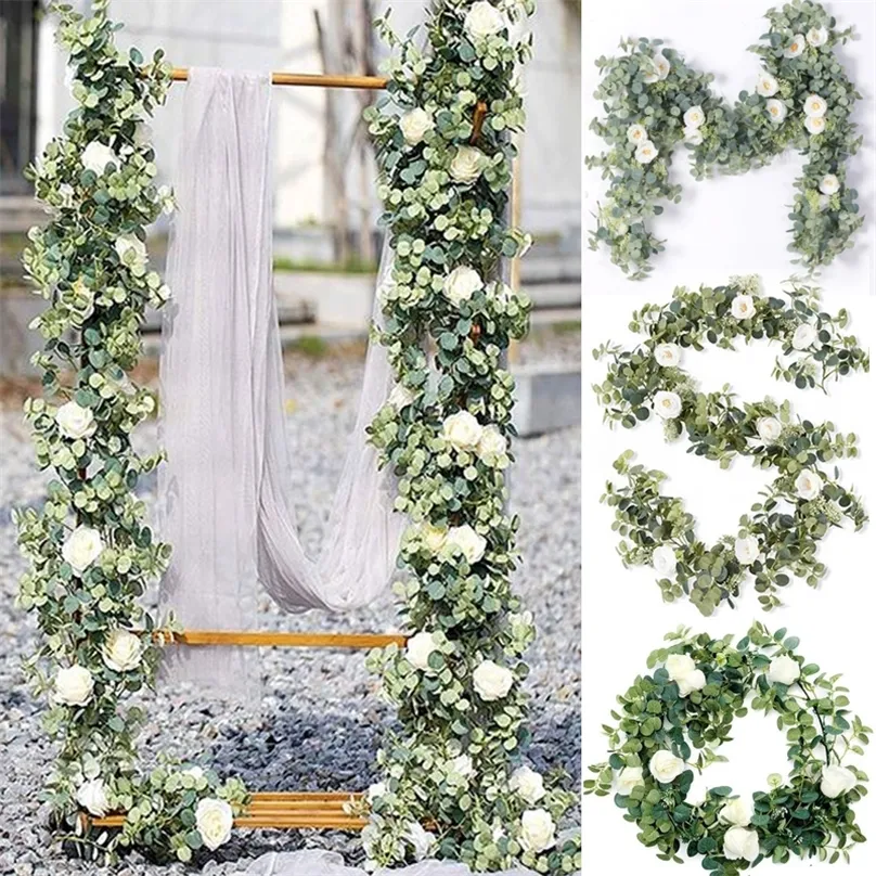 185cm Artificial Flowers Plants Fake Eucalyptus Garland Camellias Silk Rose Vine Decoration Faux Leaf Floral Hanging for Wedding 220526