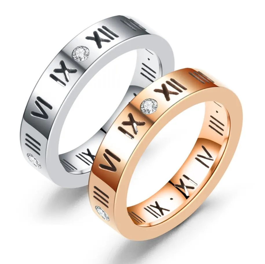 Män kvinnor titanium stål smycken romerska siffror ringar för mode cz kristaller ringar trendiga fest kärleksring par