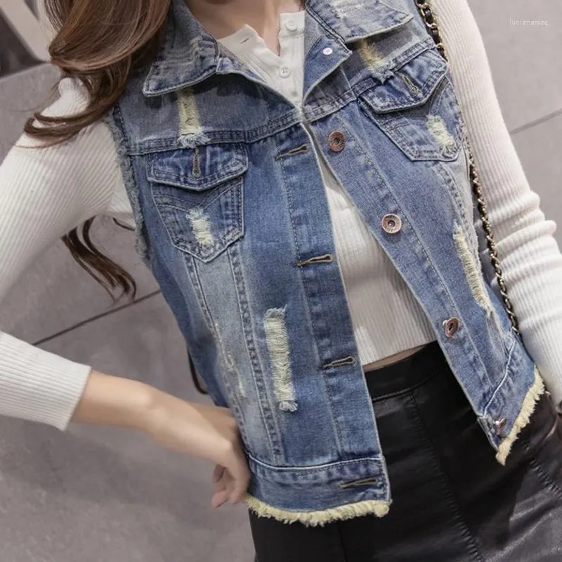 Gilets pour femmes Printemps Denim Gilet Femmes Casual Colete Manteau Vintage Cardigan Jean Sans Manches Col Rabattu Poitrine Marque Femme Vêtements Luc